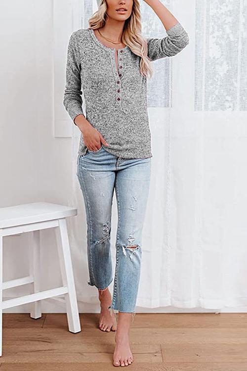 Button O Neck Knit Long Sleeve Top - Fashionpara
