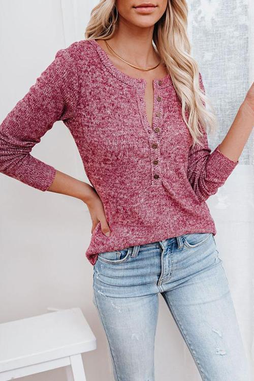 Button O Neck Knit Long Sleeve Top - Fashionpara
