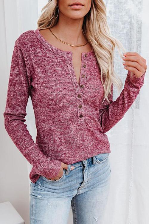 Button O Neck Knit Long Sleeve Top - Fashionpara