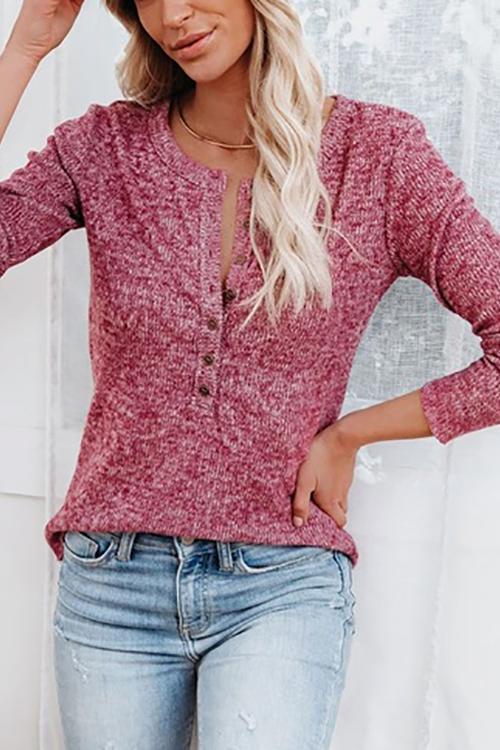 Button O Neck Knit Long Sleeve Top - Fashionpara