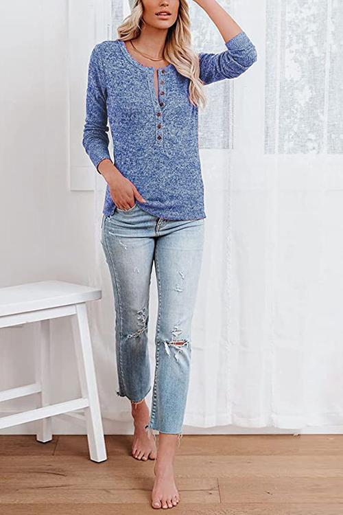 Button O Neck Knit Long Sleeve Top - Fashionpara