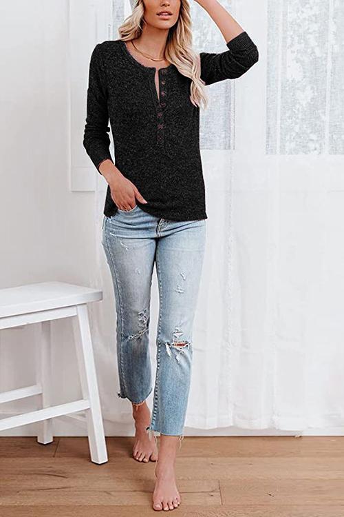 Button O Neck Knit Long Sleeve Top - Fashionpara