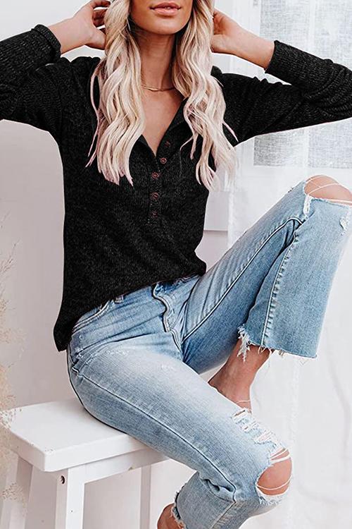 Button O Neck Knit Long Sleeve Top - Fashionpara