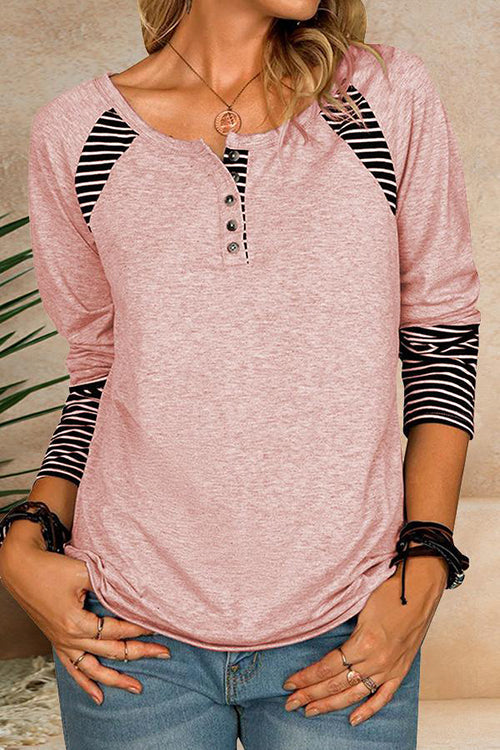 Stripe Patchwork Button Long Sleeve T Shirt - Fashionpara