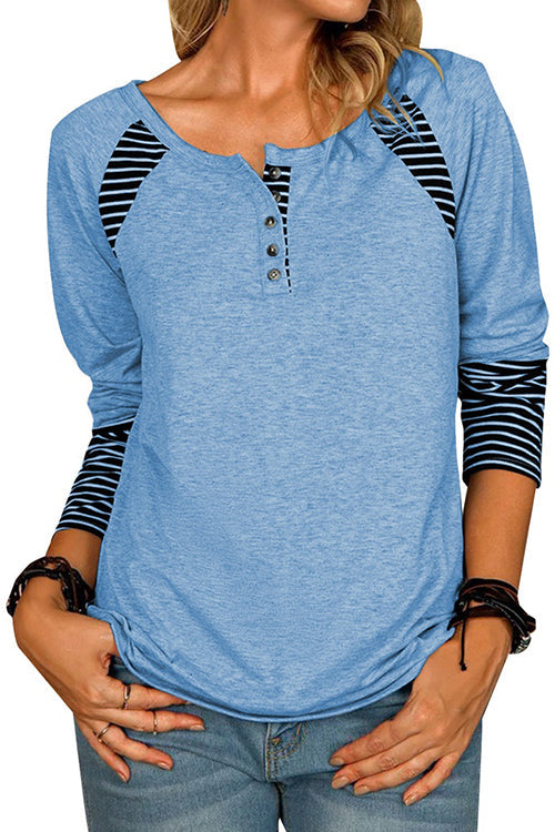 Stripe Patchwork Button Long Sleeve T Shirt - Fashionpara