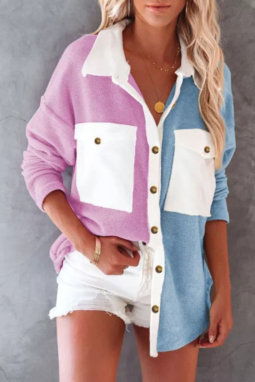 Colorblock Fleece Pockets Button Shirt - Fashionpara
