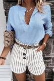 Solid Linen V Neck Loose Blouse