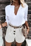 Solid Linen V Neck Loose Blouse