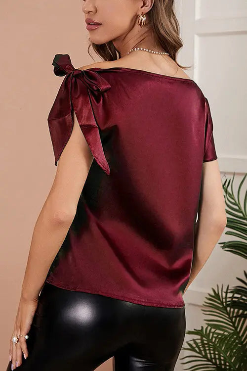 Satin Tie Shoulder Asymmetrical Neck Blouse - Fashionpara