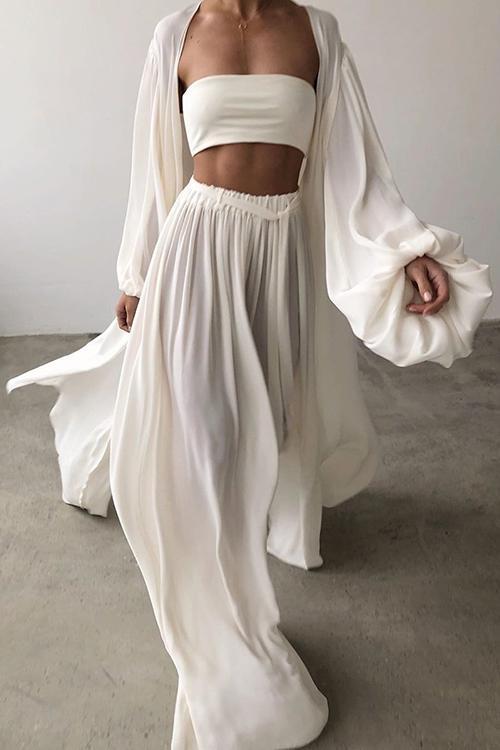 Flowing Puff Sleeve 3PC Cardigan Pants Set - Fashionpara