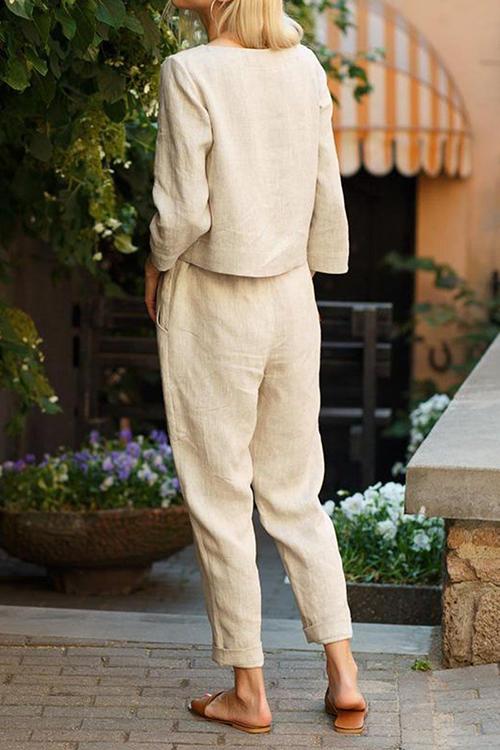 Linen O Neck Long Sleeve Pants Set - Fashiondia