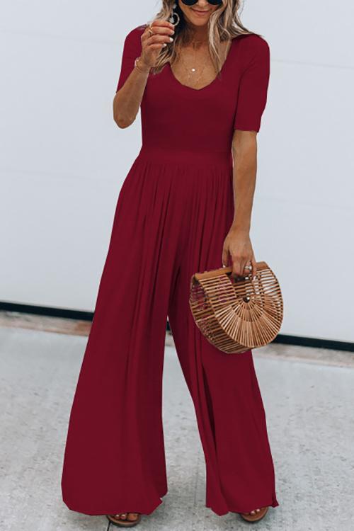 U Neck Short Sleeve Loose Jumpsuit - Fashionpara