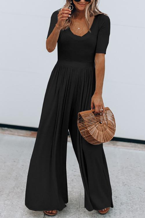U Neck Short Sleeve Loose Jumpsuit - Fashionpara