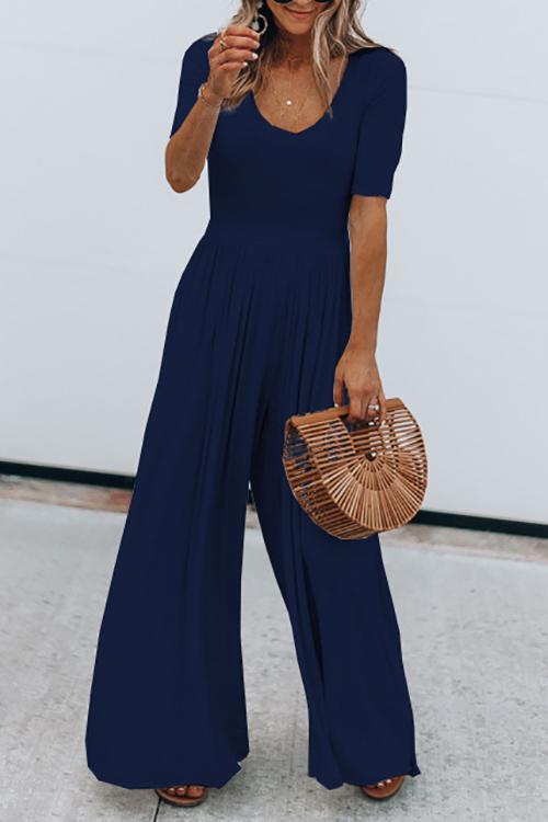 U Neck Short Sleeve Loose Jumpsuit - Fashionpara