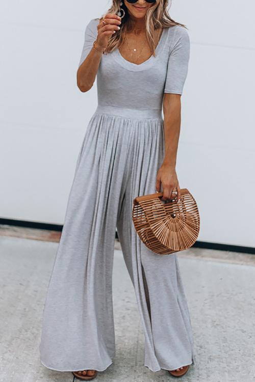 U Neck Short Sleeve Loose Jumpsuit - Fashionpara