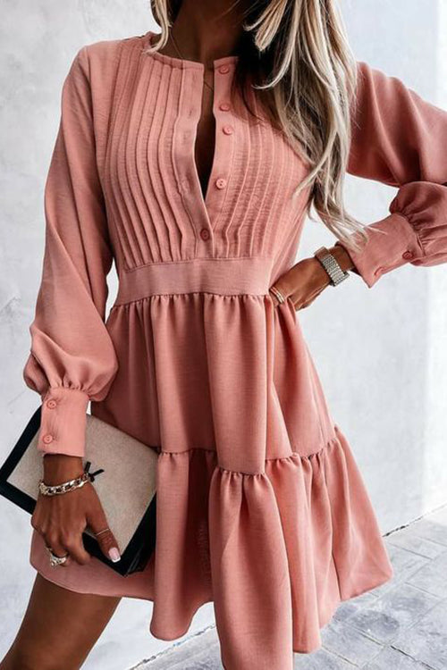 Button Layered Long Sleeve Mini Dress - Fashionpara