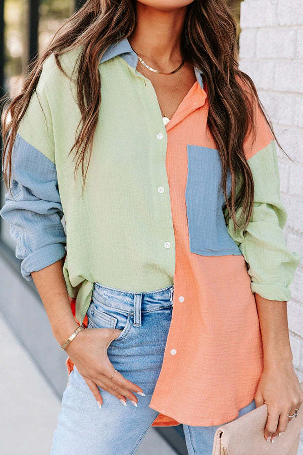 Color Block Textured Button Shirt with Pocket - Fashionpara
