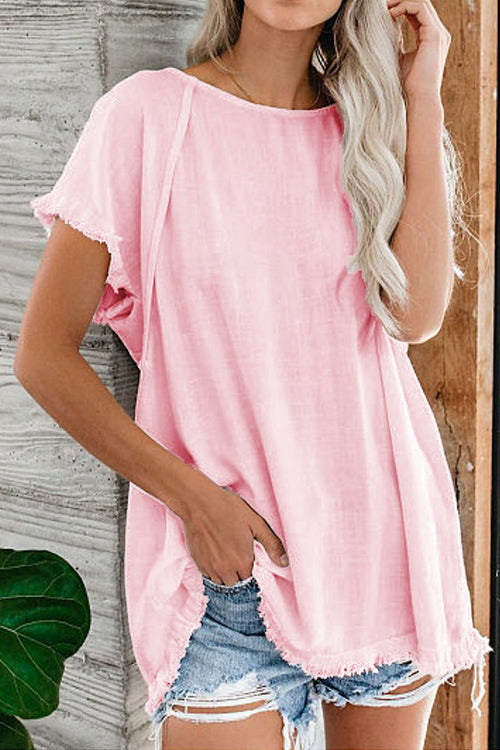 Raw Edge O Neck Short Sleeve T Shirt - Fashionpara