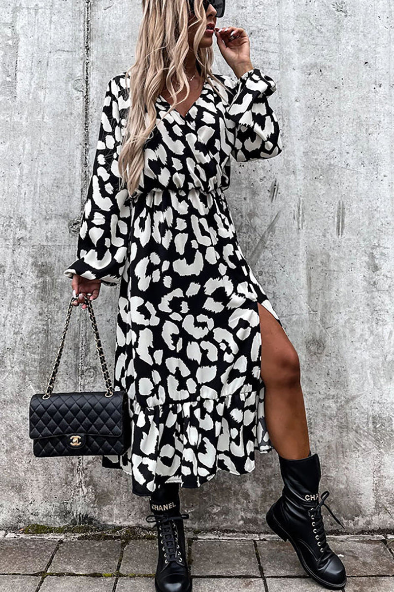 Leopard Long Sleeve Slit Midi Dress
