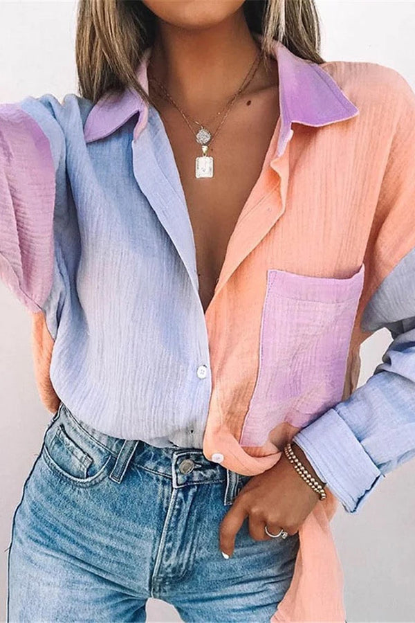 Color Block Textured Button Shirt with Pocket - Fashionpara