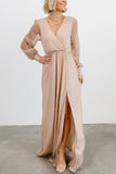 Sparkle Puff Long Sleeve Slit Maxi Dress - Fashiondia