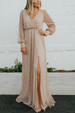 Sparkle Puff Long Sleeve Slit Maxi Dress - Fashiondia