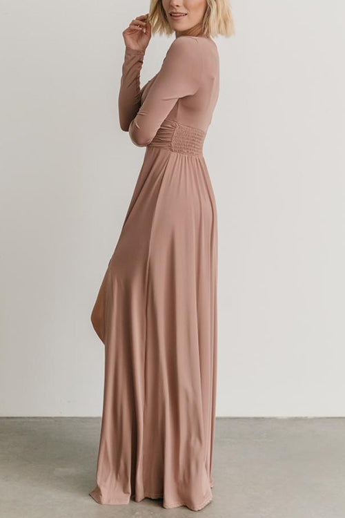 V Neck Long Sleece Slit Maxi Dress - Fashionpara