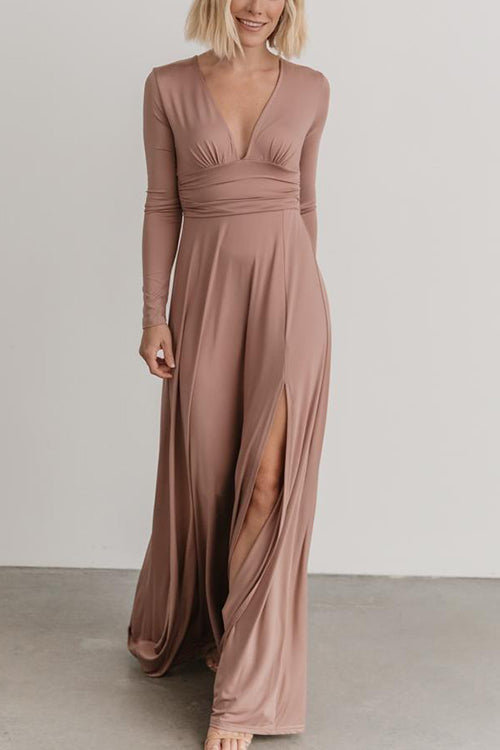 V Neck Long Sleece Slit Maxi Dress - Fashionpara