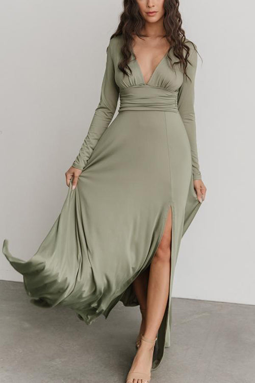 V Neck Long Sleece Slit Maxi Dress - Fashionpara