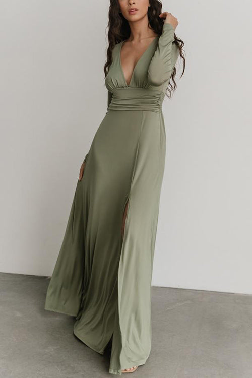 V Neck Long Sleece Slit Maxi Dress - Fashionpara