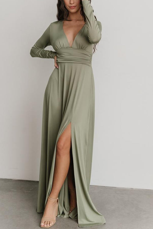 V Neck Long Sleece Slit Maxi Dress - Fashionpara