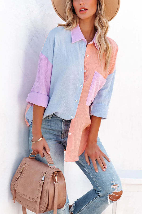 Color Block Textured Button Shirt with Pocket - Fashionpara