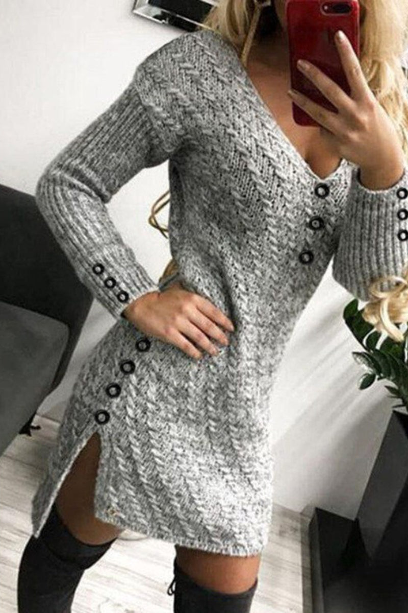 Solid Cable-knit V-Neck Casual Long Tight Sweater Dress