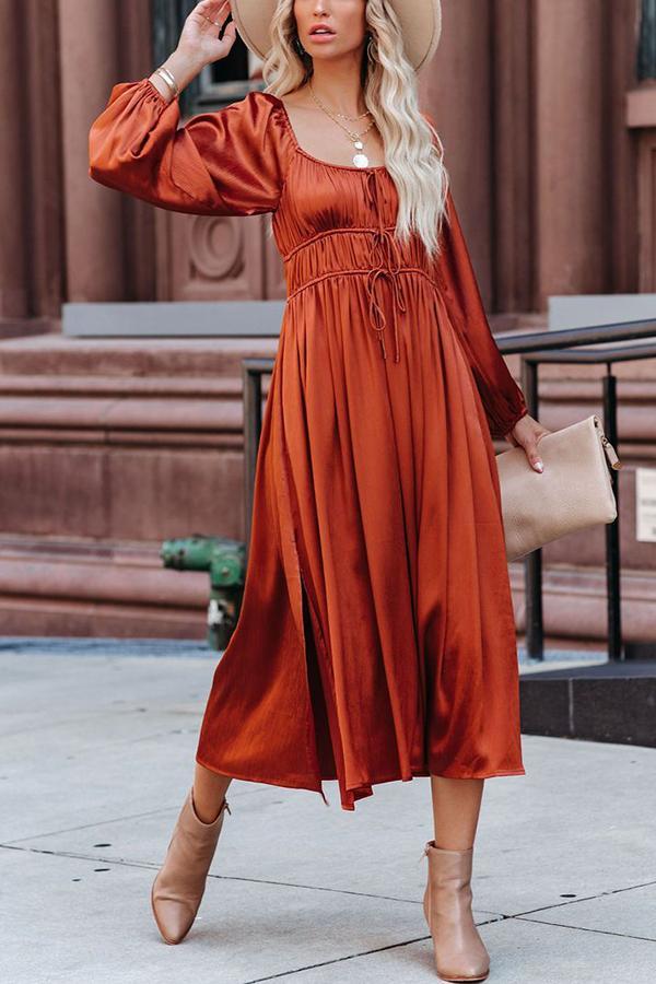 Satin Pocket Drawstring Long Sleeve Midi Dress - Fashionpara