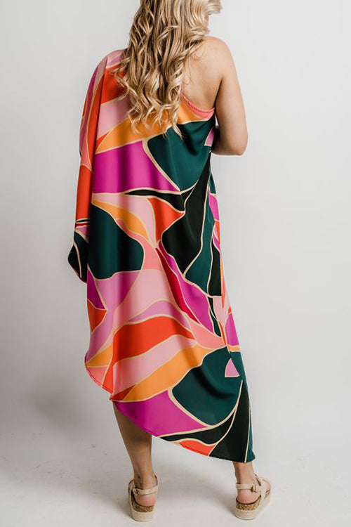 Multi Print Asymmetrical One Shoulder Dress - Fashionpara