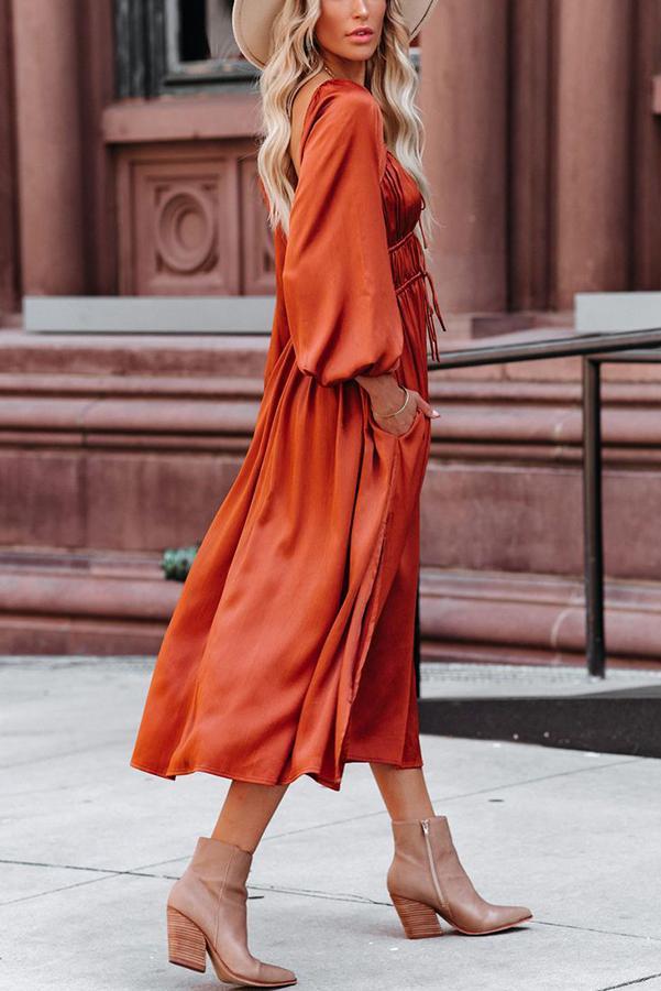 Satin Pocket Drawstring Long Sleeve Midi Dress - Fashionpara