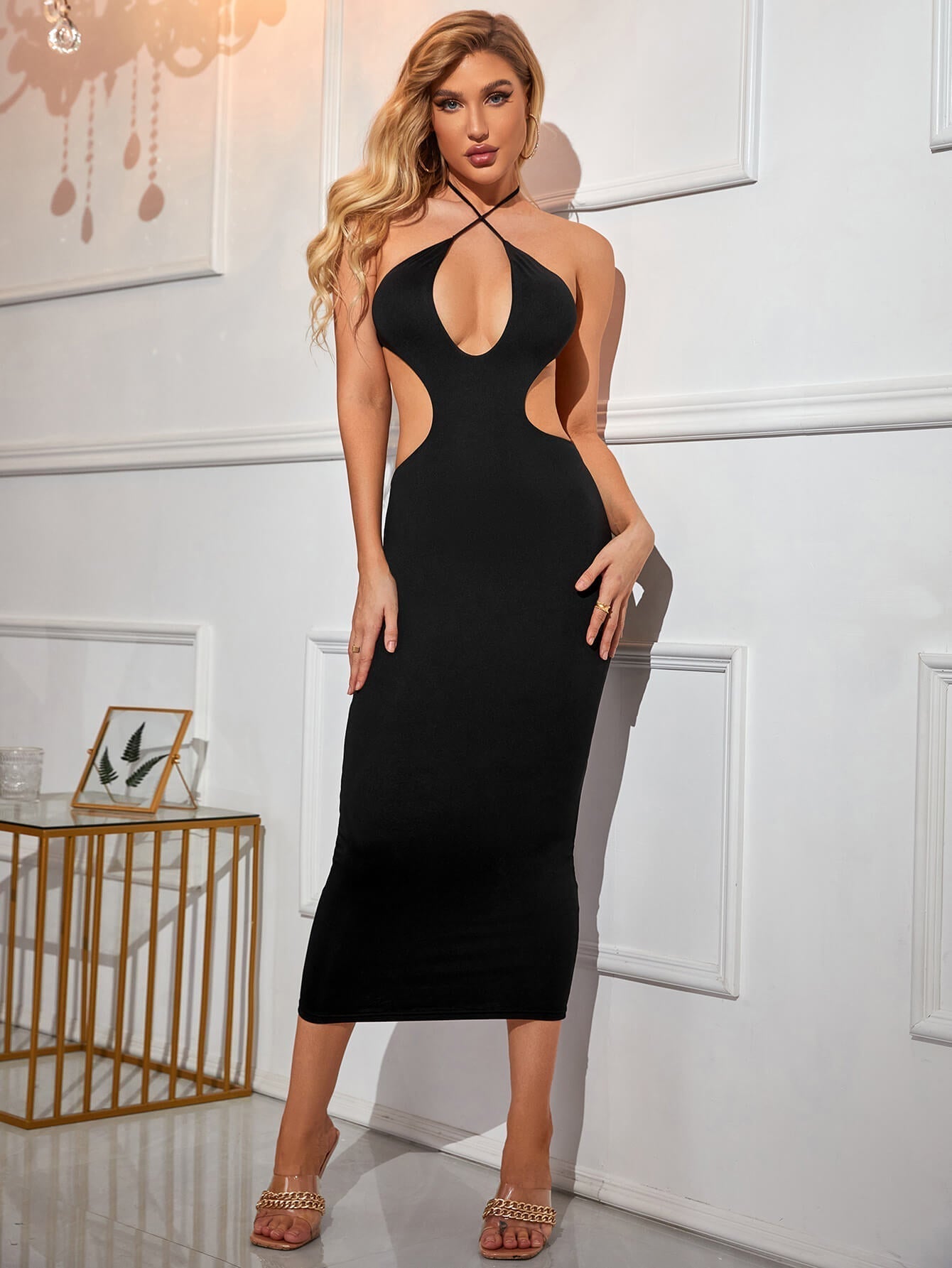 Cut Out Tie Backless Halter Bodycon Dress