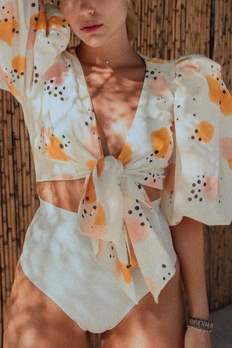 Puff Sleeve High Waist Printed Tie Front Two pieces Swimsuit