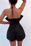 Satin Bow Halter Neck Sequin Short Romper