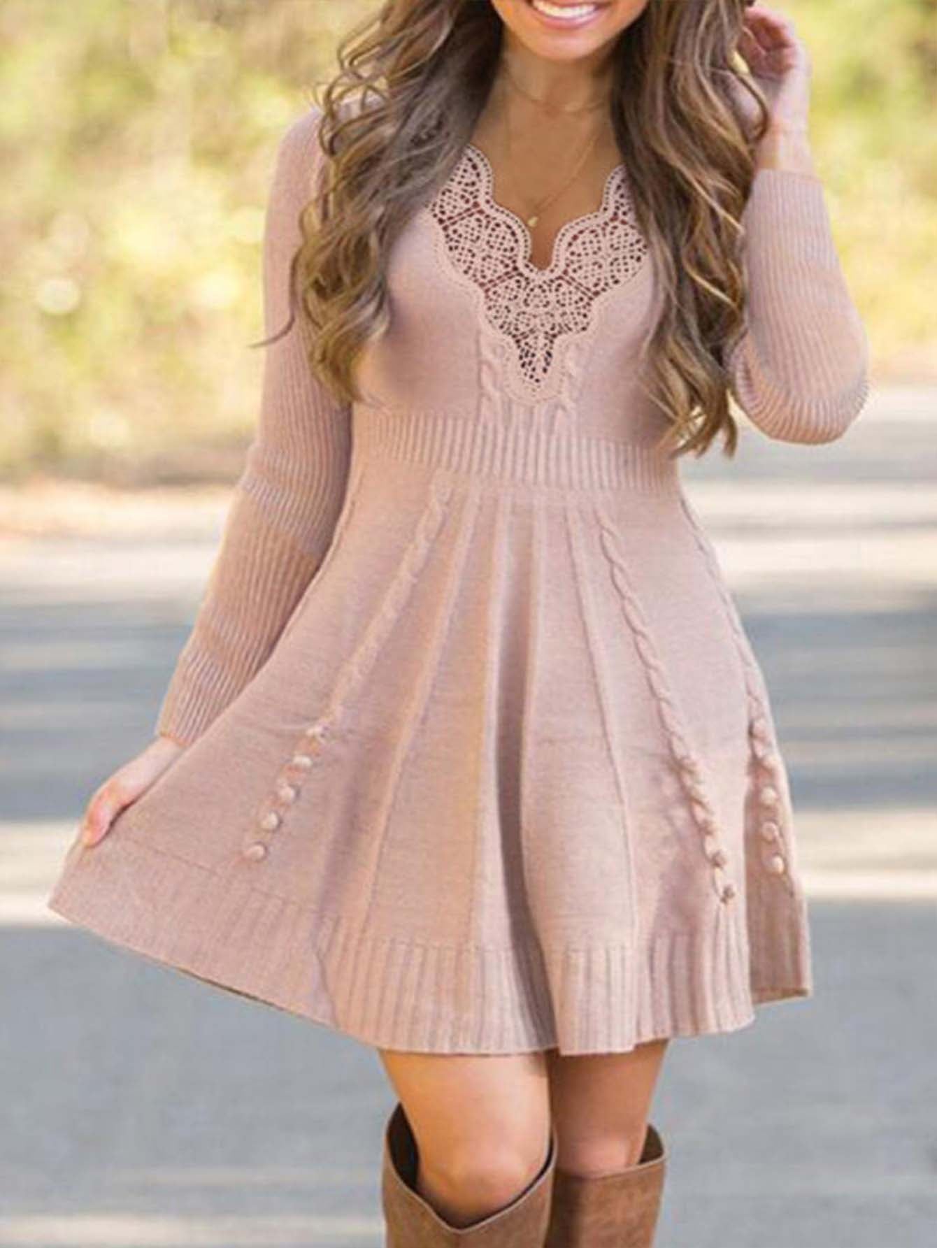 Solid Cable-knit Lace V-Neck Casual Long Sweater Dress