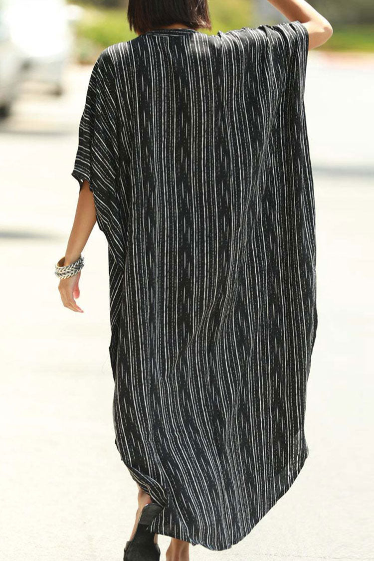 Casual Striped High Neck Button Down Maxi Cover Up Dress
