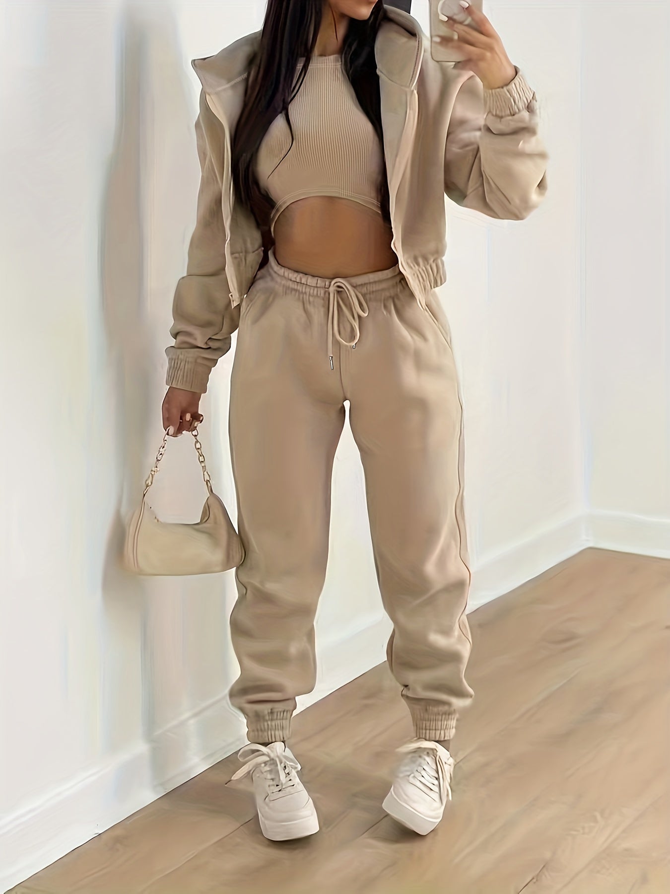 Zip Up Hooded Jacket & Tank Top & Jogger Pants Three-piece Set Outfits