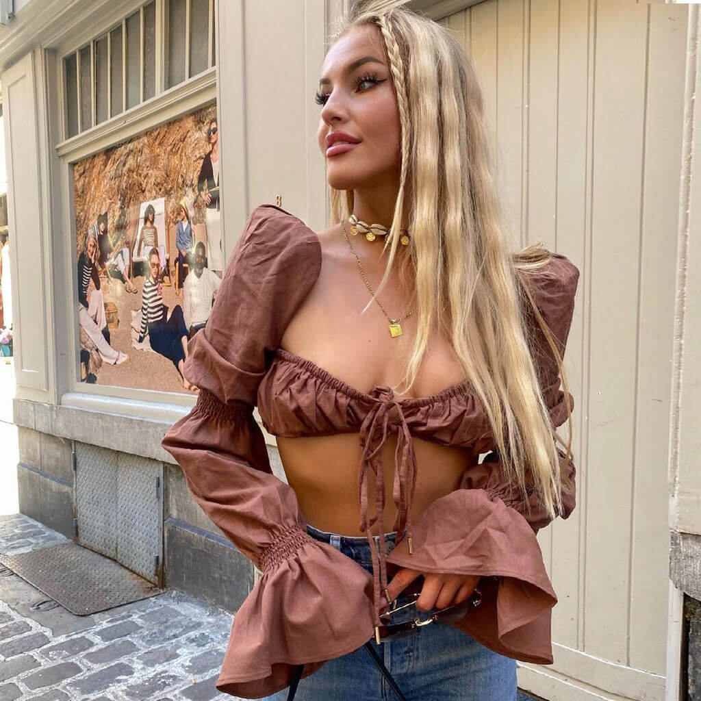 Chic Ruffle Puff Sleeve Tied Front Ruched Crop Top - Dark Coffee - Fashionpara