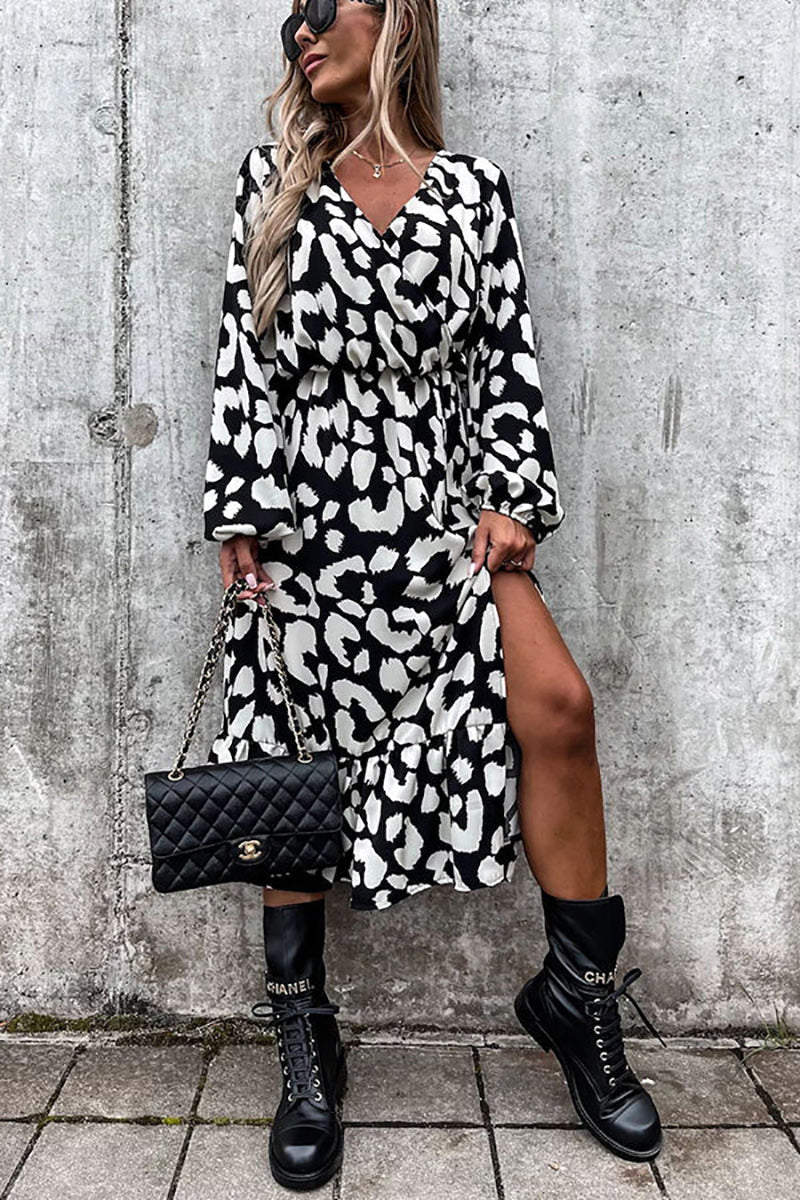 Leopard Long Sleeve Slit Midi Dress - Fashionpara
