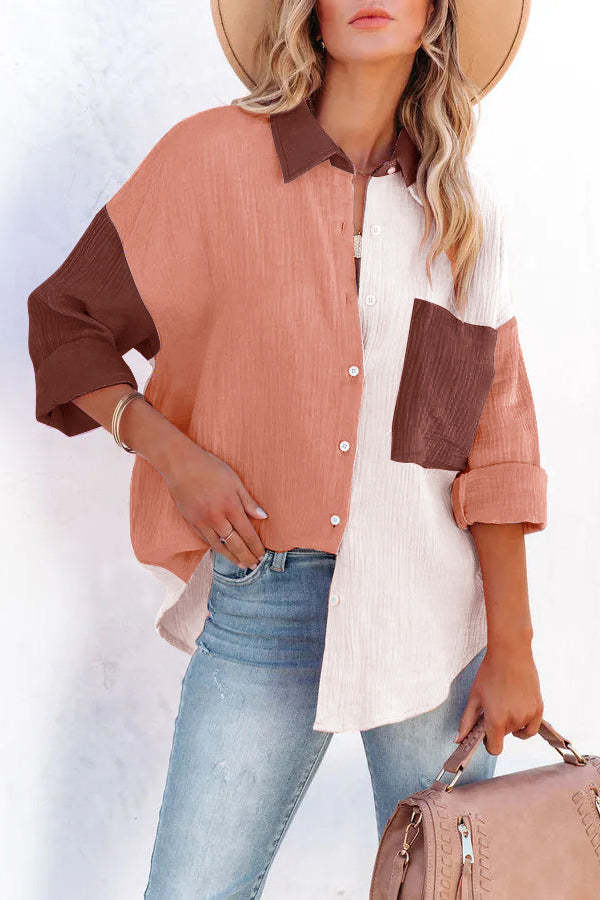 Color Block Textured Button Shirt with Pocket - Fashionpara