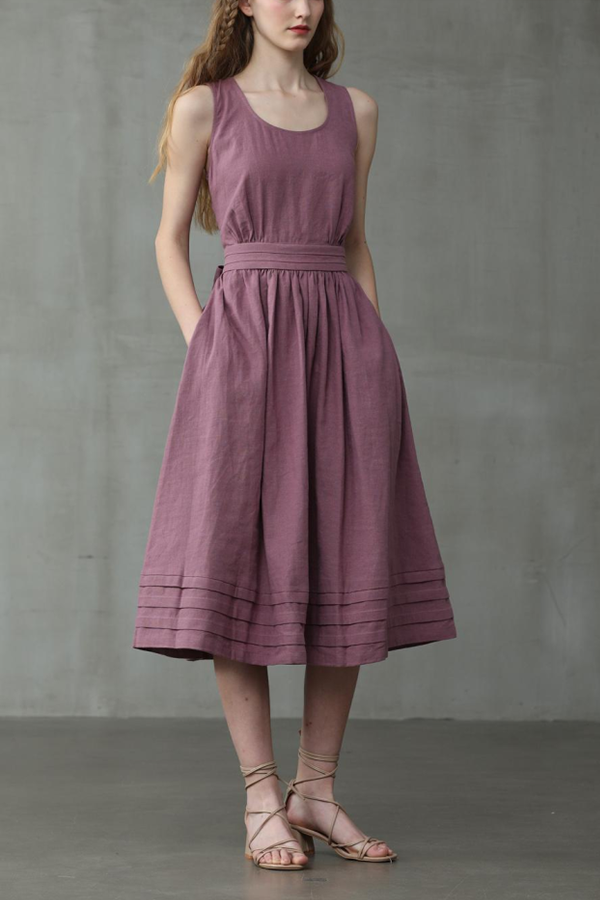 Cross Back O Neck Maxi Linen Dress - Fashionpara