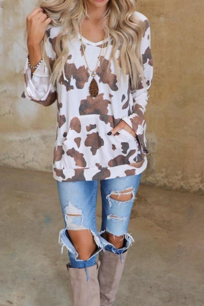 Printed Long-Sleeved Loose Casual Blouse T-Shirt - Fashionpara