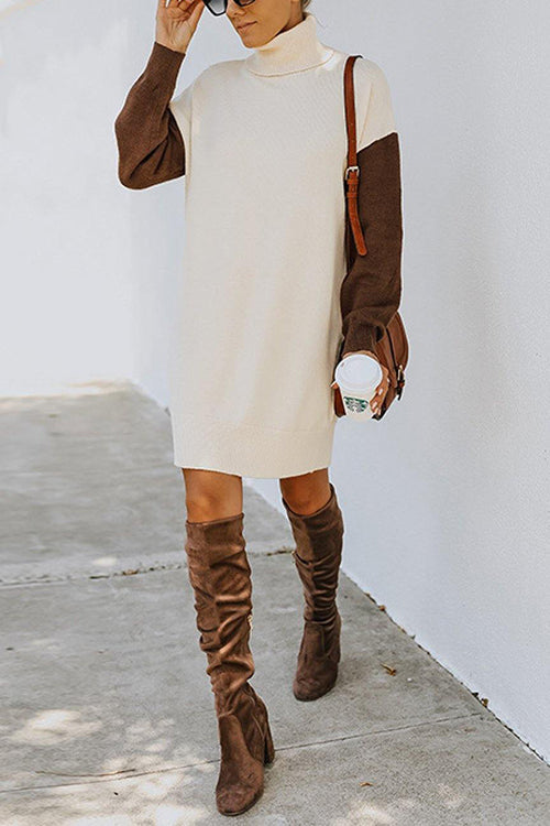 Color Block Turtleneck Sweater Dress - Fashionpara