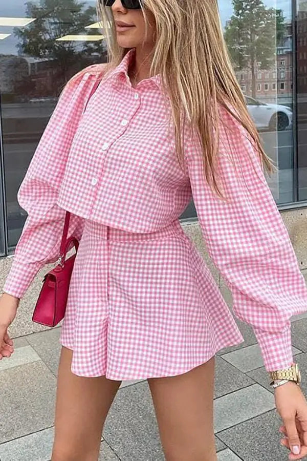 Plaid Button Crop Shirt Shorts Set - Fashionpara