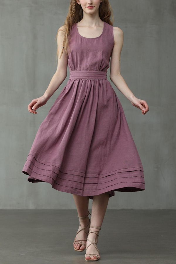 Cross Back O Neck Maxi Linen Dress - Fashionpara